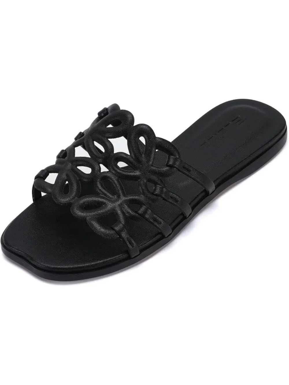 Women's Black Rubber Ankle Strap Open Toe Flats Slip On Comfortable Shoes